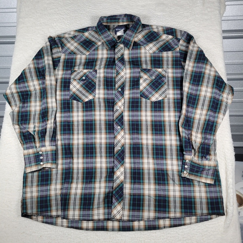 Wrangler Western Shirt Mens 3XT Teal Navy Plaid Pearl Snap Long Sleeve Tall‎